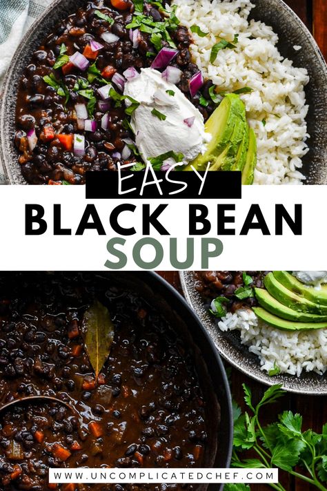 AN image of Black Bean Soup and rice in a grey bowl Black Bean Soup Crock Pot, Dinner Meals Vegetarian, Black Bean Recipes Easy, Best Winter Soup Recipes, Soups Easy, Winter Comfort Food Recipes, Easy Black Bean Soup, Soup Cozy, Winter Soup Recipes