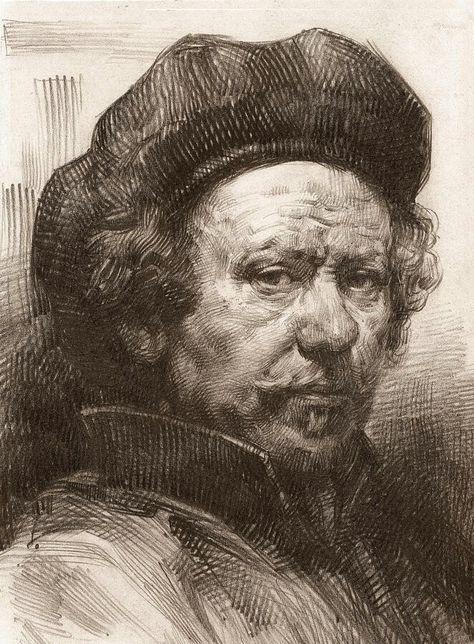 Rembrandt self portrait – fascinating  in the sheer confidence of the markmaking, the cross hatching sometimes going with the form, and sometimes against. And nowhere is there a solid black without detail. Rembrandt Drawings, Rembrandt Self Portrait, Rembrandt Art, Rembrandt Portrait, Rembrandt Paintings, Portrait Au Crayon, Istoria Artei, Couple Drawing, Rembrandt Van Rijn