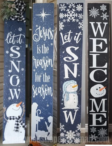 Winter Vertical Porch Sign, Diy Winter Wood Signs, Winter Wood Signs Diy Projects, Winter Wooden Signs Front Porches, Let It Snow Porch Leaner, Snowman Welcome Signs For Porch, Winter Wood Signs Front Porches, Winter Outdoor Signs, Winter Signs Diy