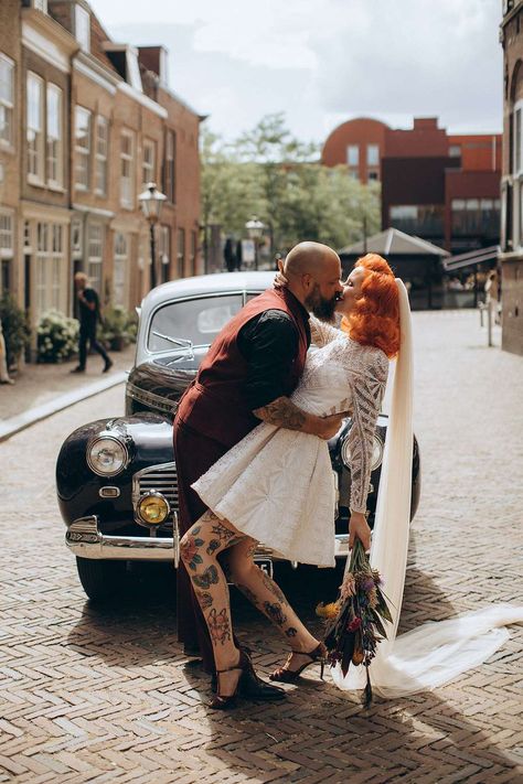 Intimate Vintage Pin-Up Wedding in The Netherlands · Rock n Roll Bride Pinup Wedding, Rock N Roll Bride Magazine, Alternative Wedding Ideas, Rocker Wedding, Bridal Vibes, Alt Bride, Comic Book Wedding, Punk Wedding, Rockabilly Wedding