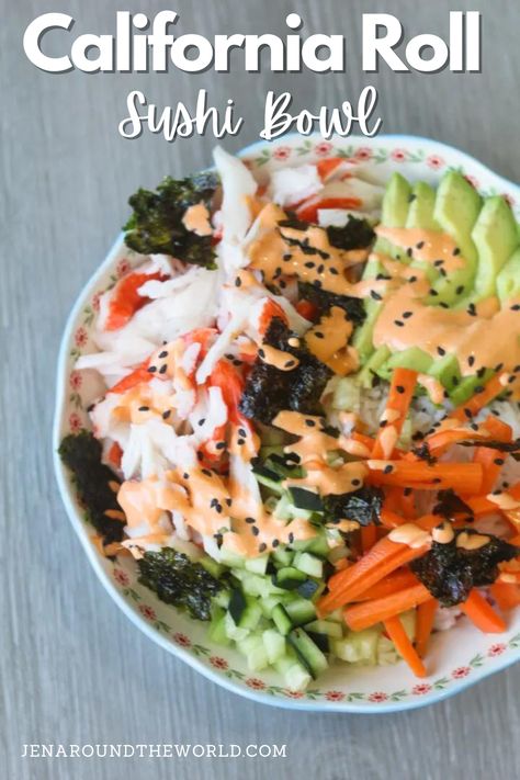 Love sushi but don't know how to make it? This California Roll Sushi Bowl will help you achieve that same effect for sushi without having to roll any rolls. It is simple and easy to make and topped with black sesame seeds and spicy mayo. This Asian-inspired dish is great for dinners or lunch. California Sushi Bowl Recipe, California Sushi Bowl, California Roll Sushi Bowl, California Roll Bowl, California Bowl, California Roll Sushi, Sushi Bowl Recipe, Roll Sushi, Sushi Bowl