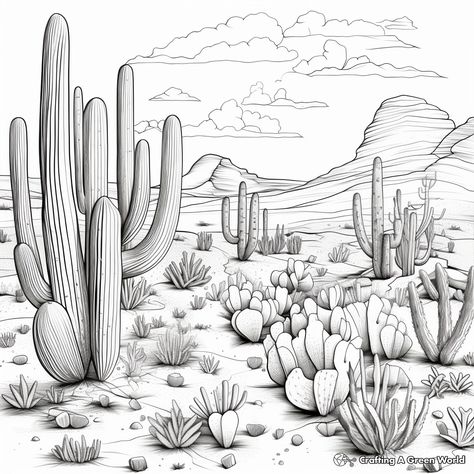 Desert Landscape Drawing, Desert Coloring Pages, Mix Drawing, Watercolor Templates, Desert Drawing, Habitat Activities, Kindergarten Coloring Pages, Desert Southwest, Scene Drawing