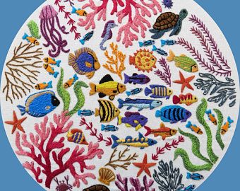 Hand Embroidery Pattern Designs by StitchdoodlesDesign on Etsy Embroidery Pattern Design, Ocean Wonders, Fish Embroidery, Modern Hand Embroidery Patterns, Embroidery Modern, Pdf Embroidery Pattern, Hand Embroidery Kits, Embroidery Sampler, Floral Embroidery Patterns