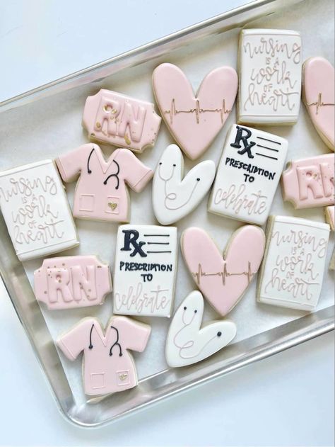 Aesthetic Nurse Graduation Party, Nursing Graduation Party Snacks, Nursing School Graduation Party Ideas Decorations, Nursing Graduation Cookies, Nursing Party Ideas, Nurse Graduation Party Food, Nurse Appreciation Cookies, Nursing Grad Party, Nursing Cookies