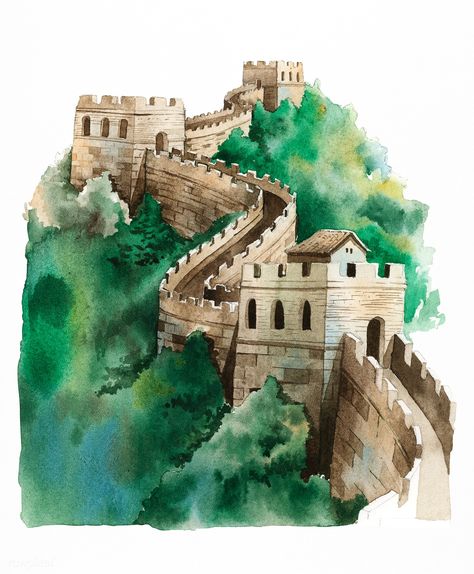 The Great Wall of China painted by watercolor | premium image by rawpixel.com / Niwat Chinese Icon, China Architecture, Chinese Wall, Mountain Drawing, Wall Drawing, Great Wall Of China, China Painting, China Art, Great Wall