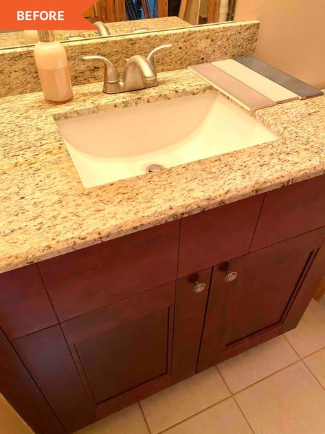 Tan Marble Countertops Bathroom, Bathroom Remodel With Oak Cabinets, Tan Bathroom Vanity Paint Colors, Tan Cabinets Bathroom, Bathroom Decor With Brown Cabinets, Green Bathroom Cabinet Colors, Brown Tiled Bathrooms Ideas, Bathroom With Tan Countertop, Brown And Green Bathroom Ideas