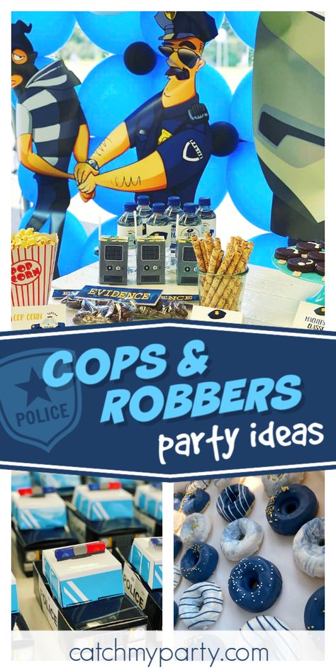 Police Food Ideas, Police Party Games, Police Birthday Party Games, Police Party Ideas Kids, Police Party Ideas, Police Birthday Party Ideas, Cops And Robbers Birthday Party, Police Party Favors, Police Party Decorations