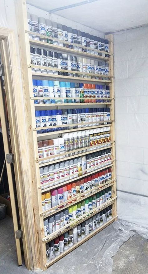 Paint Storage Diy, Spray Paint Storage, Restauration Hardware, Rangement Art, Paint Organization, Garage Workshop Organization, Garage Organization Diy, Diy Furniture For Small Spaces, Pallet Furniture Living Room