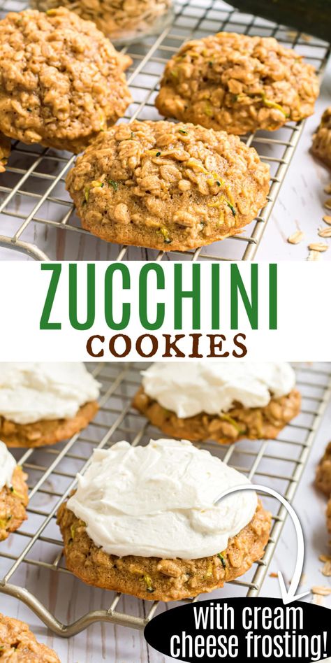 These easy Zucchini Cookies with oatmeal are soft, chewy and flavored with cinnamon spices. A layer of cream cheese frosting on top makes them even better! Zucchini Cookies With Cream Cheese Frosting, Best Zucchini Cookies, Zucchini Carrot Oatmeal Cookies, Soft Zucchini Cookies, Easy Zucchini Cookies Recipes, Zucchini Cookies Recipes, Cookies With Oatmeal, Zucchini Cookie Recipes, Zucchini Oatmeal Cookies