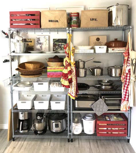 Pantry makeover as we move castle to condo. I used IKEA OMAR shelving units and white bins. Pantry Open Shelving, Ikea Omar, Shelf Pantry, Open Pantry, Pantry Bin, Kitchen Shelving, Pantry Makeover, Kitchen Pantry Storage, Kitchen Organisation