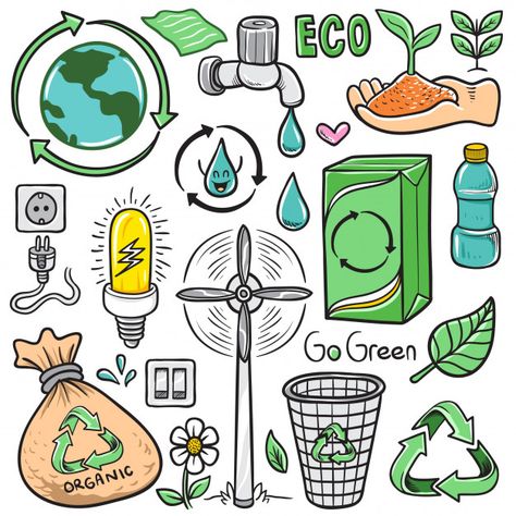 Set of vector hand drawn cartoon eco recycle isolated doodle elements Premium Vector #recycle #gogreen #green #garbage #electric #save #savetheplanet #water #flowers #doodle #doodles #drawings #stock #vector Save Earth Drawing, Doodle Elements, Recycled Garden Art, Earth Drawings, Eco Life, Save Our Earth, Environmental Engineering, Eco Green, Poster Drawing