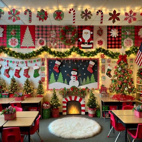 Class Decoration Christmas, Preschool Winter Classroom Decorations, Christmas Class Board Ideas, Christmas Decoration Ideas For Classroom, Boho Christmas Classroom, Class Christmas Decoration Ideas, Diy Christmas Classroom Decor, Preschool Christmas Room Decor, Christmas Decorated Classrooms