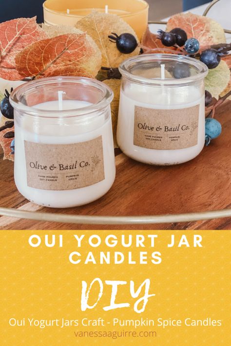 Yogurt Jar Candles, Yogurt Glass Jar Crafts, Uses For Oui Jars, Yogurt Glass Jar Ideas, Repurposed Oui Yogurt Jars, Repurpose Yogurt Jars, Qui Jars Crafts, Qui Yogurt Jar Crafts, Yogurt Jar Ideas