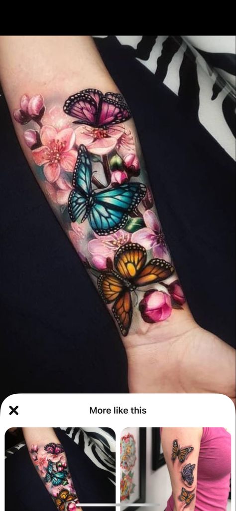 Tattoo Sleeves For Women Colorful, Flowers And Butterfly Tattoo Sleeve, Color Flower Arm Tattoo, Beautiful Colorful Tattoos, Names Cover Up Tattoo, Women’s Sleeve Tattoo Color, Floral Butterfly Tattoo Design Color, Color Forearm Tattoo Women, Flower And Butterfly Tattoo Sleeve Color