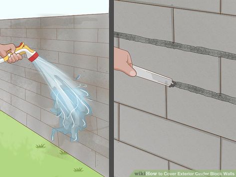 4 Ways to Cover Exterior Cinder Block Walls - wikiHow Cinder Block Garden Wall, Concrete Wall Covering, Cinder Block House, Concrete Block Retaining Wall, Concrete Block House, Concrete Block Foundation, Painted Foundation, Breeze Block Wall, Wall Concrete