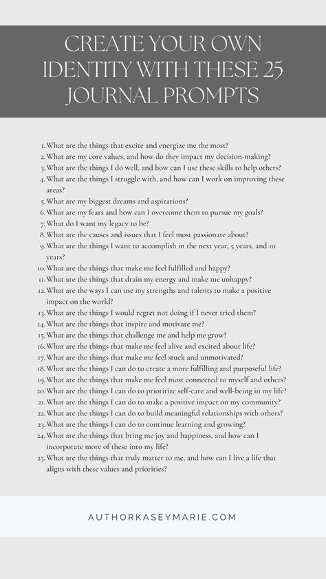 Creating your own identity is about discovering who you are and what makes you unique. It's about exploring your values, interests, and passions and defining yourself on your own terms. Use these 25 inspiring journal prompts to help you discover your unique identity and purpose. #journalpromptsforpurpose #mindfullnessjournalprompts #writingprompts Get To Know You Journal Prompts, Know Who You Are With These 25 Questions, Journal Prompts For Values, Identity Statements Journal, Journal Prompts For Authenticity, Journal Prompts For Comparison, Identity Work Therapy, Journal Prompts For Self Identity, Discover Who You Are