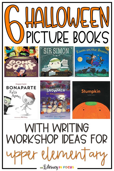 Combine writing instruction with Halloween picture books! These fun #Halloween reading and writing activities are perfect for upper elementary and middle school students. Older kids will love the fun workshop style writing practice! The books and lessons will work well with 4th, 5th, and 6th grade students. You can also use the writing lessons for #distancelearning and #homeschool. Click to see all the engaging lesson ideas today! #fourthgrade #fifthgrade #sixthgrade #literacycenters #october Upper Grade Halloween Activities, 3rd Grade October Activities, Halloween Book And Activity, Instructional Writing Activities, Halloween Ela Activities 4th Grade, October Elementary Library Lessons, Halloween Writing 3rd Grade, October Writing Activities, Halloween Writing Activities 3rd Grade