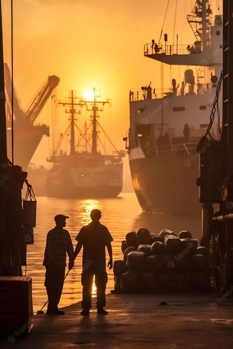 Premium AI Image | two men walk along a dock with a ship in the background. Shipping Docks Aesthetic, Dock Worker, Inktober Ideas, Lighting Study, Romance Art, A Ship, Pirate Ship, Two Men, Movie Photo