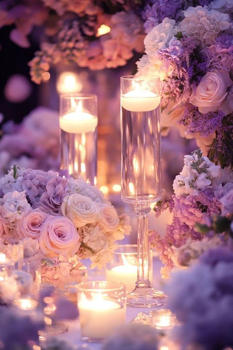 Lilac And Blush Wedding Theme, Light Purple And Pink Wedding, Romantic Centerpieces Wedding, Spring Wedding Venue Ideas, Ethereal Wedding Aesthetic, Pink And Purple Wedding Theme, Light Purple Wedding Flowers, Table Setting With Candles, Magical Wedding Theme