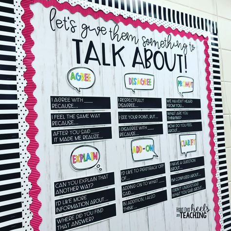 🎤 Let’s give them something to talk about! 🎼 I’m so happy with the way this board turned out! This resource has turned my teaching around!… Ela Bulletin Boards, Accountable Talk, Classroom Boards, Classroom Style, Something To Talk About, Classroom Anchor Charts, 5th Grade Classroom, 4th Grade Classroom, 3rd Grade Classroom