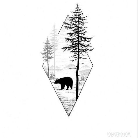 Canada Tattoo, Kunst Tattoos, Geometric Bear, Tattoo Trend, Bear Tattoos, Landscape Tattoo, Forest Tattoos, Bear Tattoo, Wolf Tattoos