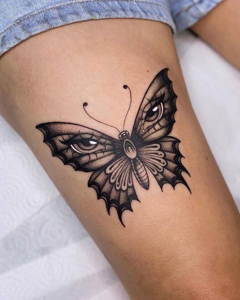 Butterfly tattoo by Kenny Pixie | tattoo ideas by  Jamarcus Coleman Women’s Butterfly Tattoo, Witchy Butterfly Tattoo, Butterfly With Eyes Tattoo, Butterfly Tattoo For Men, Goth Butterfly Tattoo, Skull Thigh Tattoos, Pixie Tattoo, Art Tattoo Ideas, Cute Foot Tattoos