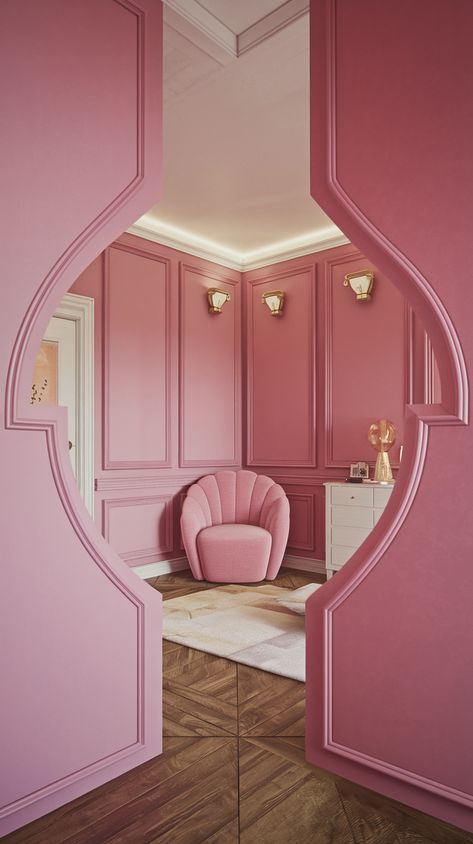 25 Refreshing Pink Bedroom Ideas to Transform Your Home - SheBonny Pink Shell Headboard, Pink Wall Bedroom, Pink Dressers, Pastel Pink Bedroom, Glamour Room, Pink House Interior, Pink Nightstands, Pink Bedroom Walls, Pink Dresser