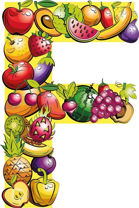 Premium Vector | Letter f. fruit letters. collage of colored fruits and vegetables on the letter of the alphabet Fruit Alphabet, Fruit Letters, Alphabet Letters Images, Letter Collage, Vector Alphabet, Kids Alphabet, Kindergarten Learning Activities, Food Fruit, Kindergarten Learning