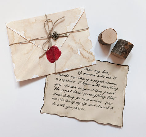 Your letter will be written on aged paper with (or without) burnt edges, enclosed in a wax sealed antique envelope (vintage key is included). Here is how it works: Envelope Vintage, Handwritten Letter, Aged Paper, Vintage Key, Antique Paper, Wedding Vows, Wax Seal, Olaf, Wax