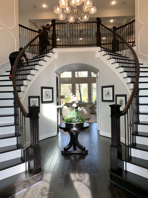 Toll Brothers model home Staircase In Center Of House, Double Staircase Design, Double Staircase Foyer, Toll Brothers Homes Interior Design, Gorgeous Staircase, Staircase Interior Design, Luxury Staircase, Staircase Design Modern, Double Staircase