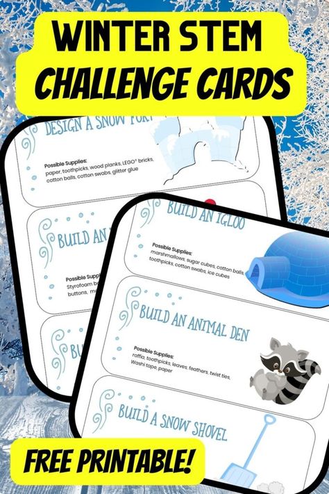 Winter Stem Activities For Kids, Stem Challenge Cards, Stem Task Cards, Winter Stem Challenges, Stem Winter, Winter Stem Activities, Winter Stem, Toddler Stem, Winter Math Centers