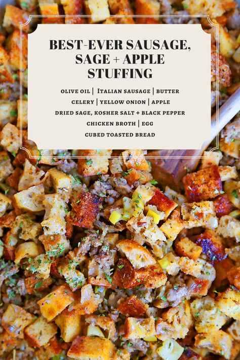 Sausage Sage Apple Stuffing, Apple Stuffing, Sage Stuffing, Dressing Recipes Thanksgiving, Breakfast Sausage Recipes, Recipes For The Whole Family, Sage Sausage, Apple Sausage, Thanksgiving Stuffing