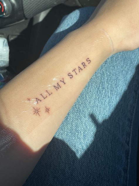 Star Word Tattoo, Reach For The Stars Tattoo, To The Stars Tattoo, Arm Quote Tattoos, Sparkle Tattoo, Stars Tattoo, Talking To The Moon, Handpoke Tattoo, Text Tattoo