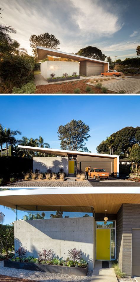 The front of this modern house features a slanted, angular roof. A bright yellow door framed by two windows brings you inside the home. House With Slanted Roof, Exterior Window Frame, Frame Floor Plans, Slanted Roof, Skillion Roof, Houses Architecture, Exterior Window, Modern Floor Plans, Yellow Door