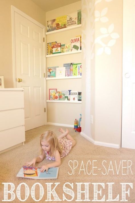 When a bookcase is too bulky, try propping books on pieces of molding. They can be cut to any length, and are narrow enough to store an entire library behind a door. Get the tutorial at Yellow Bliss Road » Diy Bookshelf Kids, Kids Room Bookshelves, Room Bookshelf, Diy Space, Small Space Diy, Room Deco, Bookshelves Kids, Bookshelves Diy, Big Boy Room