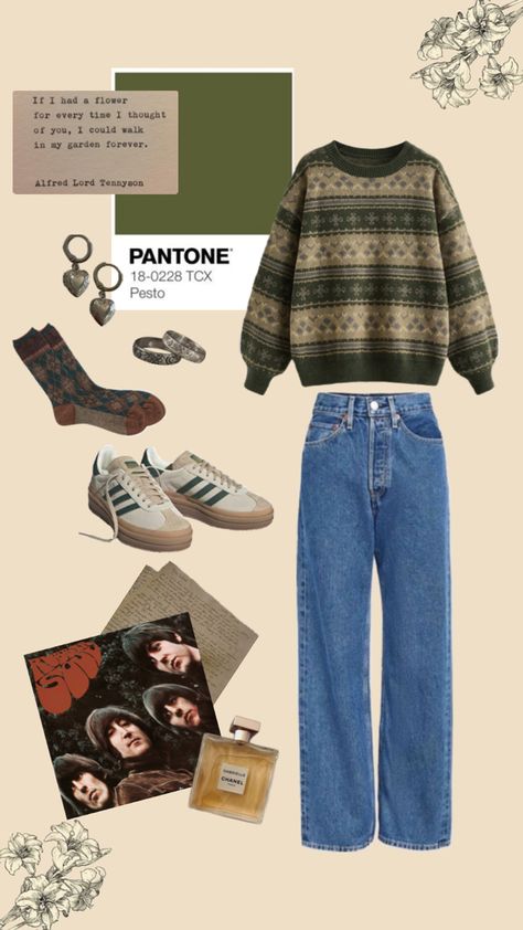 An outfit inspiration collage embellished with simply drawn flowers at the corners. The album Rubber Soul by The Beatles is displayed alongside hand written letters and a bottle of Chanel Gabrielle (Eau de Parfum). The actual outfit displayed consists of a green knit sweater, a pair of straight leg high rise blue jeans, knit brown and blue argyle socks and off white Adidas trainers with dark green stripes, and accessorized with silver heart locket earrings and silver rings. Beatles Outfit, Goblincore Outfits, September Outfits, Academia Outfits, Outfit Inspired, Feminine Outfit, Really Cute Outfits, Outfit Inspo Fall, Grunge Outfits