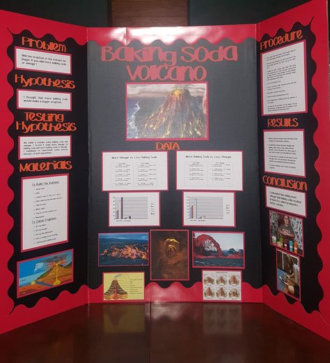 Baking Soda Volcano #science fair board/project. 7th grade science fair project that my son and I made. Volcano Science Fair Project, Baking Soda Volcano, Kindergarten Science Fair Projects, Science Fair Poster, Volcano Science Projects, Elementary Science Fair Projects, Science Fair Board, Volcano Projects, Science Fair Projects Boards