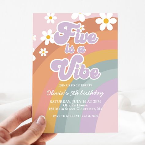 Groovy Five is a vibe Retro Rainbow 5th Birthday Invitation - Birthday Invitation Five Is A Vibe Birthday Invitation, 3 And 5 Birthday Theme, Five Is A Vibe Invitation, Girls Fifth Birthday Party Themes, Five Is A Vibe Food Ideas, Fifth Birthday Themes Girl, 5 Is The Vibe Birthday, 5th Birthday Ideas Girl, 5th Birthday Girl Themes