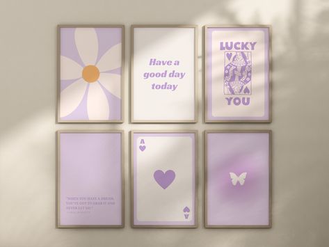 Purple Wall Art Set of 6, Lilac Gallery Wall Prints, Digital Download, Lilac Trendy Aesthetic Wall Posters Purple Retro Inspired Wall Decor - Etsy Lilac Aesthetic Room Decor, Purple Wall Decor Ideas, Light Purple Wall Art, Office Decor Purple, College Dorm Room Ideas Aesthetic Purple, Lilac Aesthetic Bedroom, Pastel Purple Decor, Lilac Dorm Room Ideas, Light Purple Dorm Room