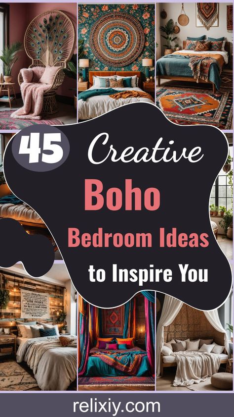 45 Creative Boho Bedroom Decor Ideas To Inspire You Morracan Room Ideas Bedroom, Artistic Bedroom Aesthetic, Ethnic Bedroom Decor, Cozy Primary Bedroom Ideas, Vintage Boho Bedroom Inspiration, Boho Headboard Ideas Diy, India Themed Bedroom, Vintage Bedroom Color Schemes, Colorful Boho Bedroom Ideas