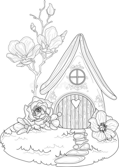 Fairy House Drawing, Fairytale Drawings, Fairy Garden Drawing, Cottage Drawing, Simple House Drawing, Baby Room Paintings, Free Coloring Pages For Kids, Fairy Drawings, Cartoon House