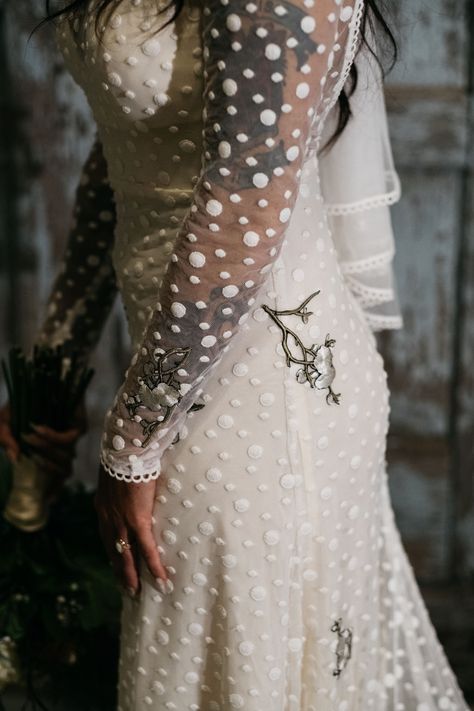 Polka dot wedding dress with floral embroidery · Rock n Roll Bride Polka Dot Wedding Theme, Edgy Wedding Dress, Dot Wedding Dress, Las Vegas Wedding Dresses, Grunge Wedding, October Wedding Dresses, Polka Dot Wedding Dress, Bride Looks, Wild Wedding