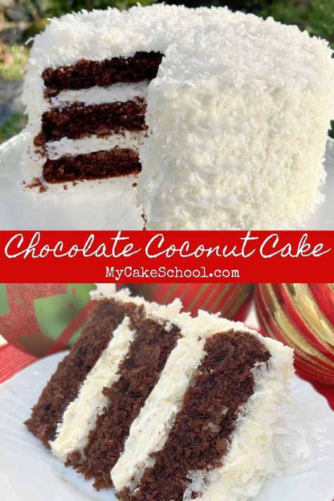 Moist and delicious Chocolate Coconut Layer Cake from Scratch Coconut Layer Cake, Chocolate Coconut Cake, Coco Cake, Baked Dessert, Birthday Cake Decorating Ideas, Coconut Cake Recipe, Coconut Desserts, Coconut Chocolate, Dessert Aux Fruits