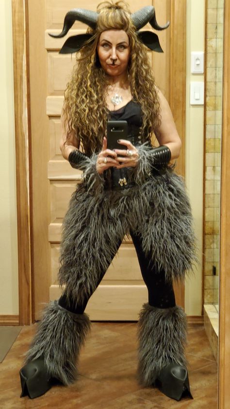 Full length female satyr costume. Krampus Costume Female, Woodland Creature Cosplay, Faun Costume Female, Ram Costume Women, Faun Cosplay Female, Goat Costume Women, Satyr Ren Faire, Mythical Costumes Women, Mythical Creature Costume Ideas