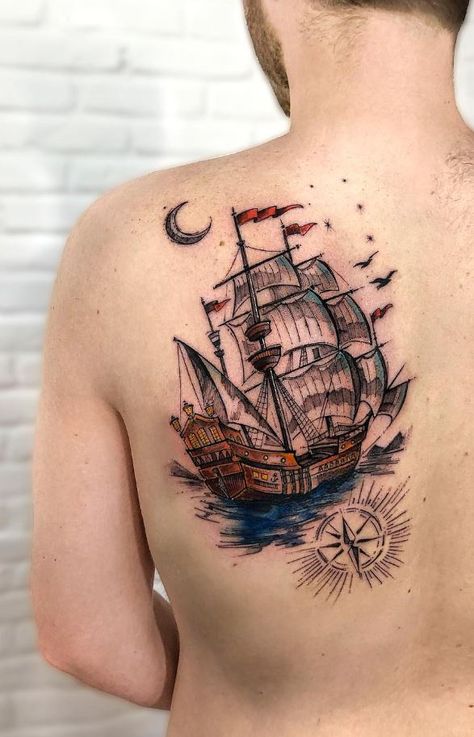 Nautical Tattoos | InkStyleMag Ship Tattoo Women, Cruise Ship Tattoo, Ship Tattoo Ideas, Traditional Compass Tattoo, Pirate Ship Tattoos, Geometric Compass, Compass Tattoo Men, Pirate Ship Tattoo, Nautical Tattoo