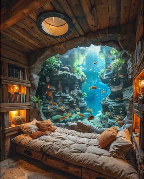 House Reading Nook, Room Underwater Aesthetic, Underwater Homes, House Underwater, Underwater Home, Underwater Castle Interior, Underwater Bedroom Fantasy Art, Underwater House, Dreamy Design