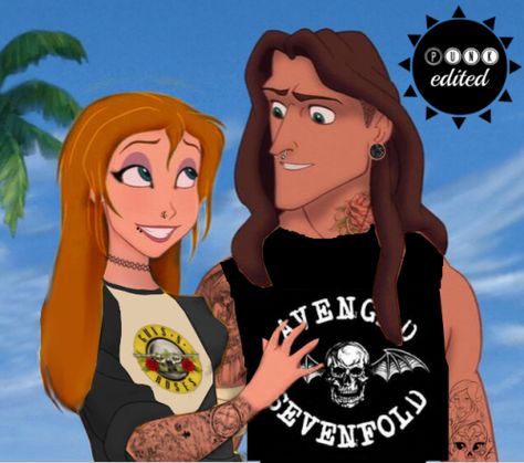 Tarzan and Jane. Loving the shirts on these two, this is one I haven't seen before. Jane And Tarzan, Punk Disney Characters, Punk Pictures, Emo Disney, Hipster Disney, Punk Edits, Goth Disney Princesses, Disney Punk, Goth Disney