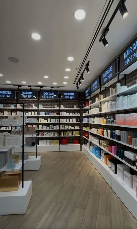 Shop relaxing Skincare Store Design Shops, Pharmacy Store Front Design, Cosmetics Factory, Pharmacy Ideas, Store Counter Design, Stationery Store Design, Pharmacy Decor, Building Front Designs, Pharmacy Store