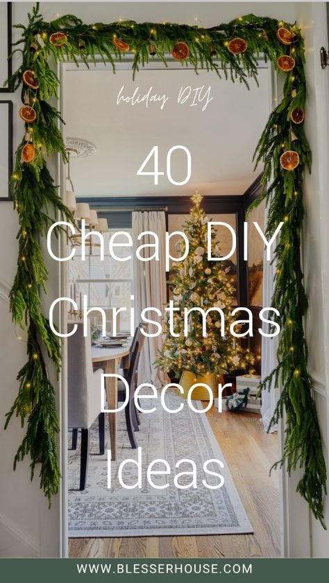 Get 40 ideas for making your own DIY Christmas decorations with items from thrift stores, the dollar store, or things you already have at home, plus free homemade holiday décor tips. Our DIY Christmas décor includes garlands, ornaments, mantel decorations, centerpieces, and more! Click through for the best cheap and easy DIY Christmas ideas. Seasonal home décor, easy DIY Christmas décor inside and outside. Diy Inside Christmas Decorations, Homemade Garlands Christmas, Easy Mantel Christmas Decor, Christmas Decor On Budget, Easy Christmas Decorations For Home, Christmas Diy Ideas Decoration Simple, Diy Holiday Party Decorations, Holiday Decorating Ideas For The Home, Easy Diy Christmas Garland Ideas