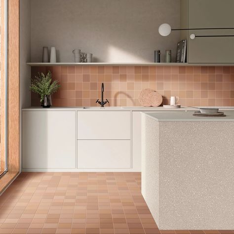 Pixel Clay Tile – Porcelain Superstore Terracotta Splashback, Kitchen Terracotta Floor, Terracotta Kitchen Backsplash, Jacquemus Store, Terracotta Kitchen Walls, Living Room Decor India, Terracotta Kitchen Tiles, Terracotta Tiles Kitchen, Art Deco Kitchen Design